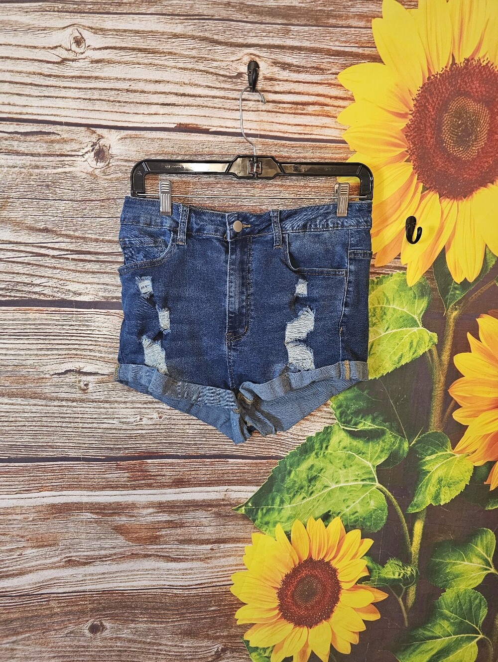 SHEIN Dark Blue Distressed Cuffed Denim Shorts